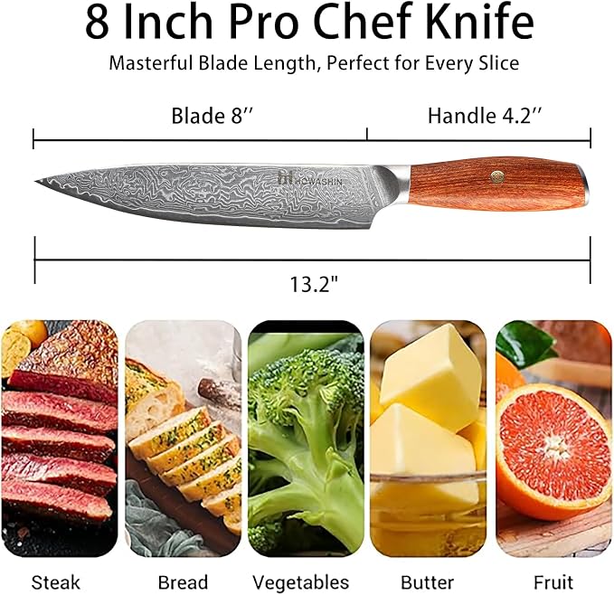 Chef Knife 8 Inch Japanese Steel Damascus Kitchen Knife VG-10 Super Stainless Steel Professional High Carbon Super Sharp Kitchen Cooking Knife, Ergonomic Santos Rose Wooden Handle