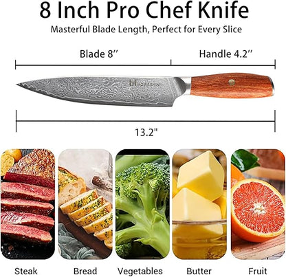 Chef Knife 8 Inch Japanese Steel Damascus Kitchen Knife VG-10 Super Stainless Steel Professional High Carbon Super Sharp Kitchen Cooking Knife, Ergonomic Santos Rose Wooden Handle