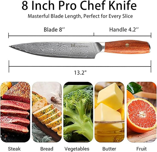 Chef Knife 8 Inch Japanese Steel Damascus Kitchen Knife VG-10 Super Stainless Steel Professional High Carbon Super Sharp Kitchen Cooking Knife, Ergonomic Santos Rose Wooden Handle