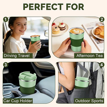 MOMSIV 12oz Travel Mug, Insulated Coffee Cup with Leakproof Lid, Vacuum Stainless Steel Double Walled Reusable Tumbler for Hot and Cold Water Coffee and Tea In Travel and Car (Green-380ml)
