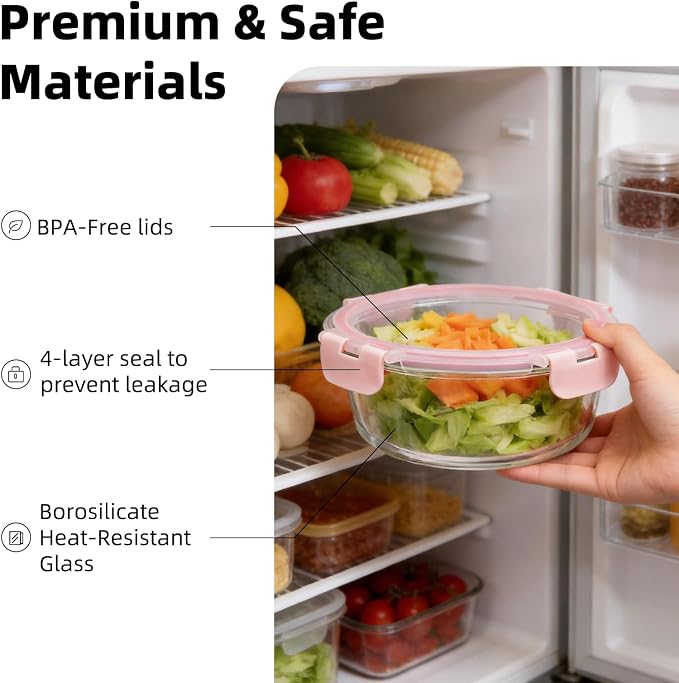 Konokyo Round Glass Food Storage Containers with Lids, 24 Pack Airtight Leakproof Meal Prep Containers, BPA-Free, Microwave Oven Freezer & Dishwasher Safe, Assorted Sizes