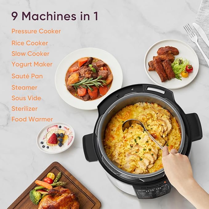 Cosori Pressure Cooker 6QT, Stainless Steel, 9-in-1 Multi Cooker, 12 Safety Features, Ceramic Inner Pot, Rice, Slow Cook, Sous Vide, Saute, 1100W