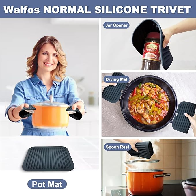 Walfos normal silicone trivet product display with various uses including a woman holding a pot, jar opener, drying mat, spoon rest, and pot mat.
