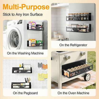 Magnetic Spice Rack for Refrigerator, 2 Pack Metal Magnetic Shelf Organizer for Fridge Side, Strong Spice Storage Rack for Kitchen, Black