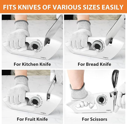 Longzon 6-in-1 Knife Sharpener 5 Stage with Cut-Resistant Glove, Manual Kitchen Tool for Straight & Serrated Knives, Quickly Sharpens Restores & Polishes Dull Blades Safe for Home Kitchen, White+Gray