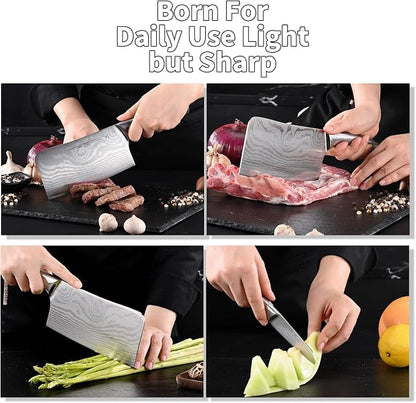 2 Pieces Chopping Knife and Fruit Knife Kitchen knives Set Damascus Pattern Chinese Cleaver Paring knives with Hollow Handle