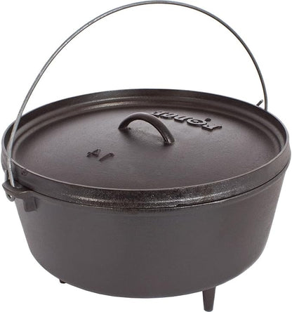 Lodge Seasoned Cast Iron Camp Dutch Oven with Lid - 10 Quart - Dual Handles - Seasoned Cast Iron Cookware with Steel Handle & Strong Lid for Heavy- Duty Camping Cookware