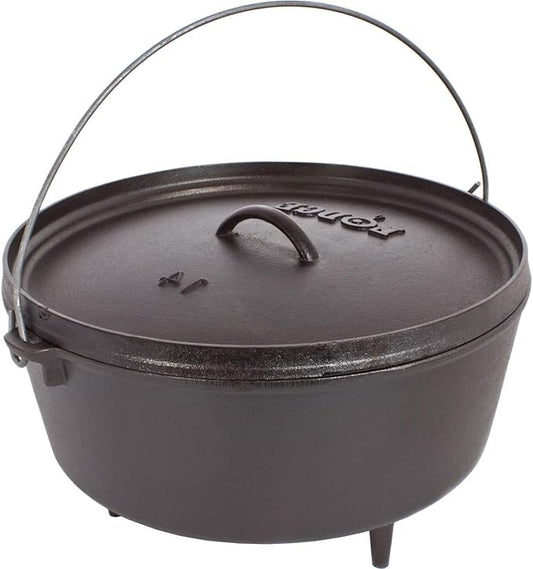 Lodge Seasoned Cast Iron Camp Dutch Oven with Lid - 10 Quart - Dual Handles - Seasoned Cast Iron Cookware with Steel Handle & Strong Lid for Heavy- Duty Camping Cookware