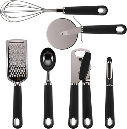 Country Kitchen 6 Pc Essentials Kitchen Stainless Steel Gadget Set Black Gun Metal with Soft Touch Black Handles for Cooking
