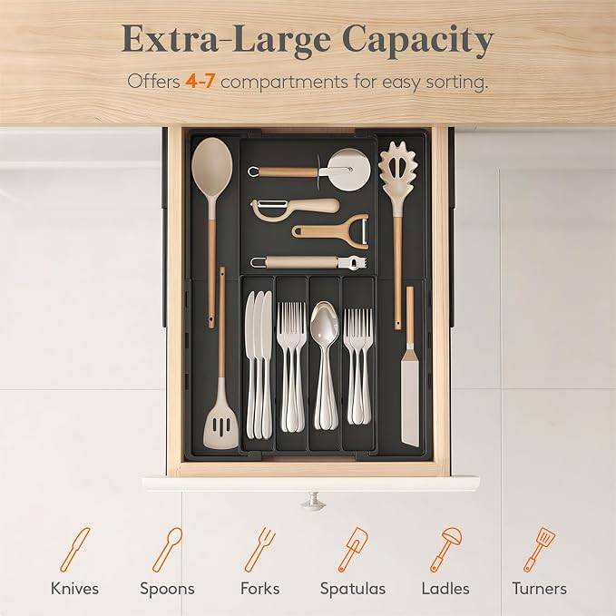 Lifewit Silverware Drawer Organizer, Expandable BPA Free Utensil Tray for Kitchen, Adjustable Flatware and Cutlery Holder, Plastic Storage for Spoons Forks Knives, 8.9-14.2 x 11.3-19.4 x 1.7, Black