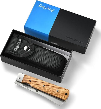 ZhengSheng Folding Chef Knife with Nylon Pouch 4.8” Ultra Sharp 440A Stainless Steel Blade Natural Olive Handle Pocket Foldable Japanese Style Kitchen Knife for Outdoor Camping BBQ trip Cooking.