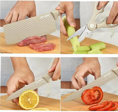 Kitchen Knife Set. 6-Pieces Luxury Wooden Coating, Light Wood Grain Handle, Stainless Steel Non-Stick Sharp Blade Chef Knife Set with Cylindrical Knife Block for Gift