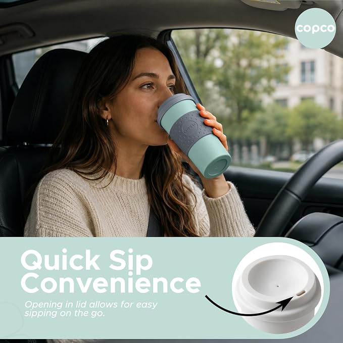 Copco Acadia 16oz Travel Mug with Lid, Set of 2 Double Wall Insulated Tumbler, Non-Slip Sleeve and BPA-Free - Microwave & Dishwasher Safe, Reusable Plastic To Go Travel Coffee Mug (Aqua/Gray)