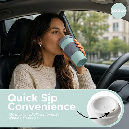 Copco Acadia 16oz Travel Mug with Lid, Set of 2 Double Wall Insulated Tumbler, Non-Slip Sleeve and BPA-Free - Microwave & Dishwasher Safe, Reusable Plastic To Go Travel Coffee Mug (Aqua/Gray)