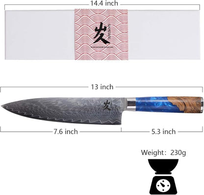 SAMCOOK Damascus Chef Knife - 8 Inch Professional Sharp Gyuto Knife - Japanese VG-10 High Carbon Stainless Steel Kitchen Cooking knife - Ergonomic Blue Resin Wood Handle with Gift Box