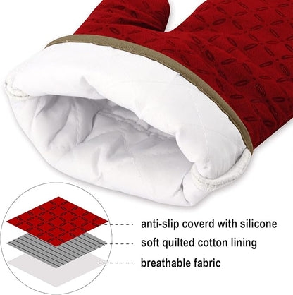 KEGOUU Oven Mitts and Pot Holders 6pcs Set, Kitchen Oven Glove High Heat Resistant 500 Degree Extra Long Oven Mitts and Potholder with Non-Slip Silicone Surface for Cooking (Red)