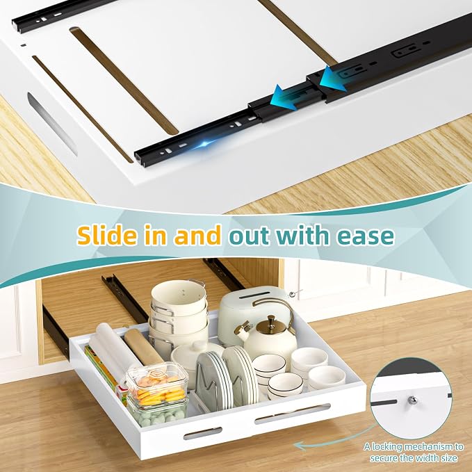 HBL' 1 Pack | 21" Deep Pull Out Cabinet Organizer Adhesive, (13.8" to 22.0") Width Expandable Sturdy Carbon Steel Roll-Out Drawers, Designed for Frameless Cabinets, Slide-Out Shelves for Pantry.