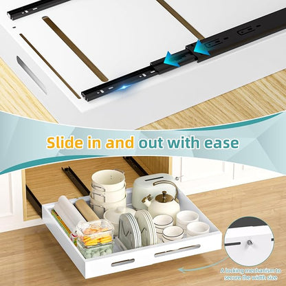 HBL' 1 Pack | 21" Deep Pull Out Cabinet Organizer Adhesive, (13.8" to 22.0") Width Expandable Sturdy Carbon Steel Roll-Out Drawers, Designed for Frameless Cabinets, Slide-Out Shelves for Pantry.