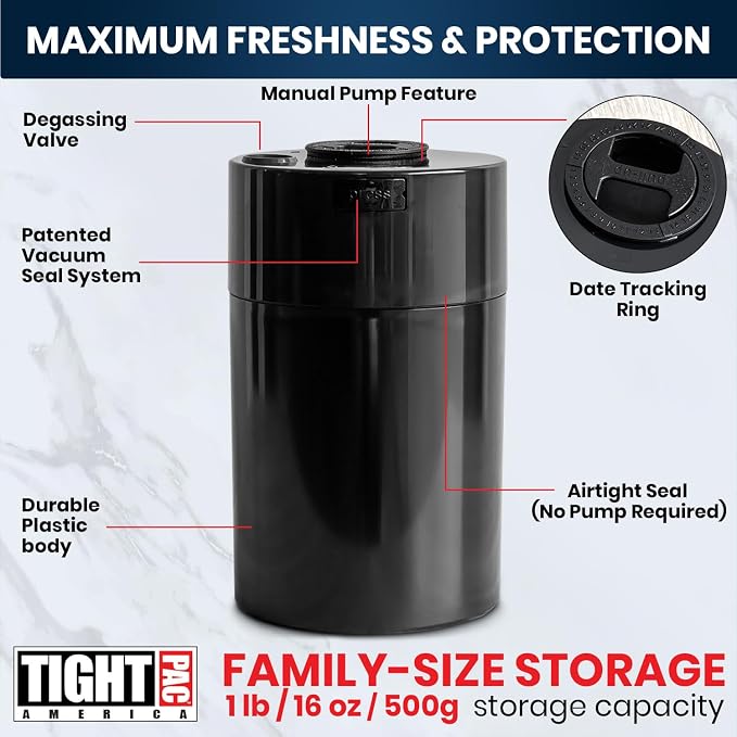 COFFEEVAC Pump It Out Airtight Coffee Container - Vacuum Coffee Storage Container for Ground Coffee Beans - Patented Vacuum Seal with Degassing Valve, 1 lb, Black