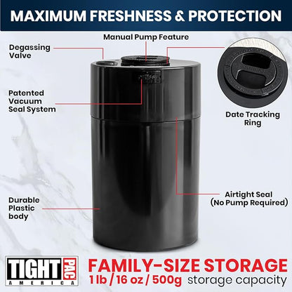 COFFEEVAC Pump It Out Airtight Coffee Container - Vacuum Coffee Storage Container for Ground Coffee Beans - Patented Vacuum Seal with Degassing Valve, 1 lb, Black