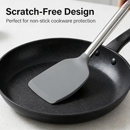 Vayvnt 4 PCS Cooking Utensils Set, Silicone Kitchen Spatula Set for Cooking, Non Toxic Silicone Kitchen Utensils with Stainless Steel Handle, Spoon and Turner, Heat Resistant&Dishwasher Safe, Gray