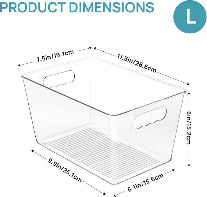 Vtopmart Clear Plastic Pantry Organizer Bins, 4 PCS Food Storage Bins with Handle for Refrigerator, Fridge, Cabinet, Kitchen, Countertops, Cupboard, Freezer Organization and Storage, BPA Free, Large