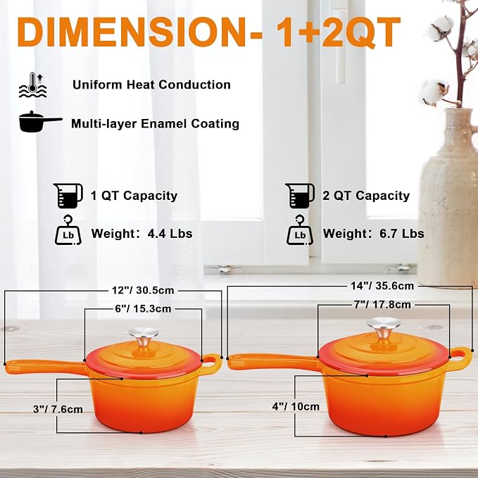 Enameled Cast Iron Sauce Pan, Leonyo 1 Qt & 2 Qt Saucepan Set, Cast Iron Dutch Oven Kitchen Small Pots for All Cooktops Cooking Pasta, Milk, Oatmeal - Up to 500°F & Nonstick, Orange