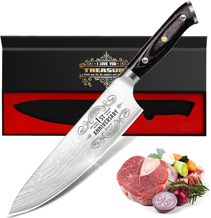 Funistree 1 Year Anniversary Paper Gifts for Boyfriend, 1st Anniversary Present for Men Him Husband, 8 inch Pro German Chef Knife, One Year Kitchen Knife Gift Set, Best First Year Birthday Him Gifts