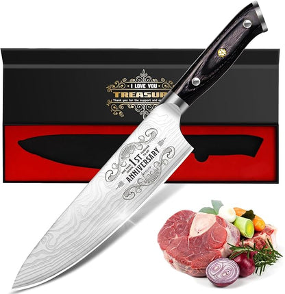 Funistree 1 Year Anniversary Paper Gifts for Boyfriend, 1st Anniversary Present for Men Him Husband, 8 inch Pro German Chef Knife, One Year Kitchen Knife Gift Set, Best First Year Birthday Him Gifts