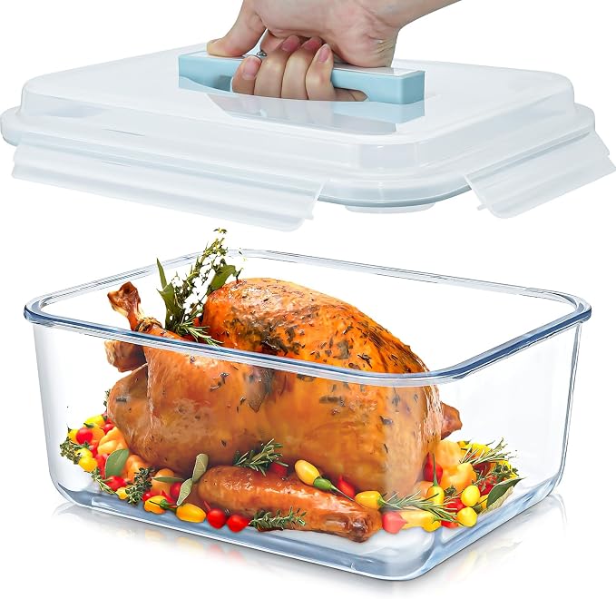 6000ml / 200oz / 26 Cup Large Glass Food Storage Container with Airtight Snap Lids Extra Large Borosilicate Glass Meal Prep Container for Roasting Turkey,Rotisserie Chicken,Baking Casserole,Oven Safe