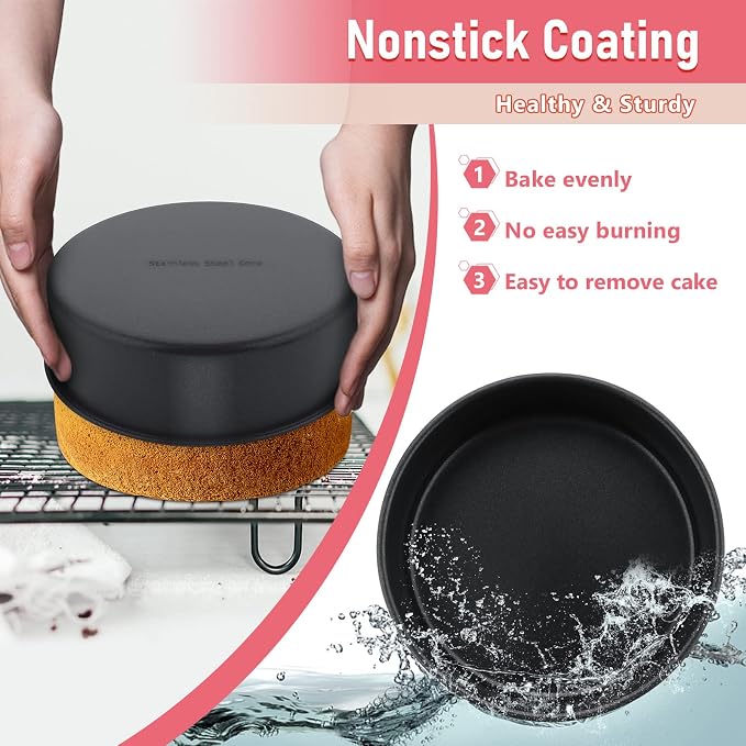 E-far 6 Inch Cake Pan Set of 3, Nonstick Stainless Steel Small Round Cake Pans Tin for Baking Layer Cakes, Stainless Steel Core & Non-toxic Coating, Straight Side & 2 Inch Deep