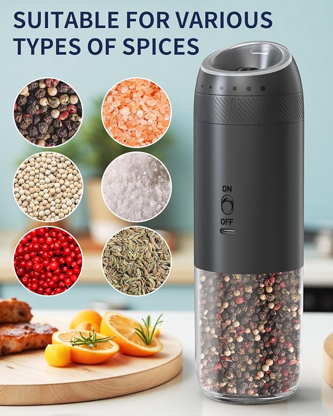 CIRCLE JOY Rechargeable Electric Salt and Pepper Grinder Set with Base, Automatic Pepper Mills with 110ml Container, External Adjustable Coarseness, White Led Light and One-Handed Operation, Black