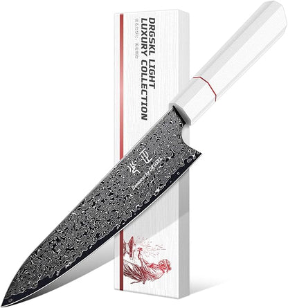 DRGSKL Damascus Chef Knife 8 Inch - VG10 Kitchen Knife for Meat Cutting - Japanese G10 Handle - Sharp Cooking Knives for Vegetables and Fruit - with Gift Box