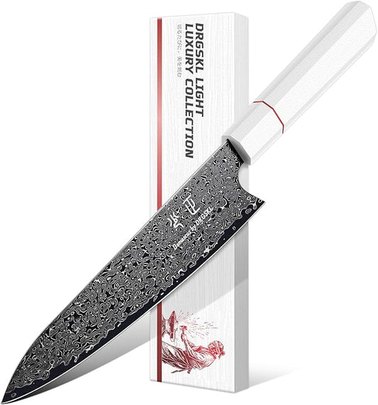 DRGSKL Damascus Chef Knife 8 Inch - VG10 Kitchen Knife for Meat Cutting - Japanese G10 Handle - Sharp Cooking Knives for Vegetables and Fruit - with Gift Box