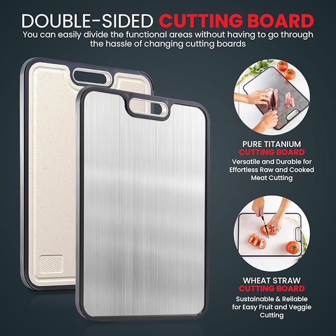 Titanium Cutting Board – 15" Double-Sided | Pure Titanium & Eco Wheat Straw | Non-Slip, Dishwasher Safe | Heavy Duty Cutting Board for Meat, Vegetables & Fruits