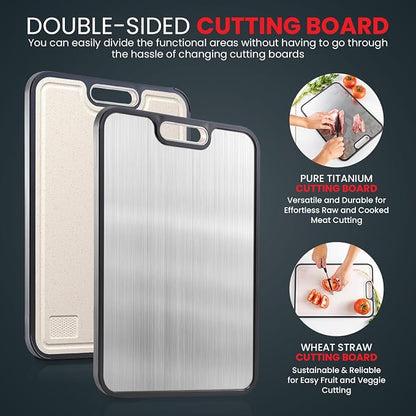 Titanium Cutting Board – 15" Double-Sided | Pure Titanium & Eco Wheat Straw | Non-Slip, Dishwasher Safe | Heavy Duty Cutting Board for Meat, Vegetables & Fruits