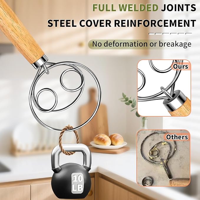 Hand Whisk Stainless Steel Dough Hook Dutch Whisk for Sourdough Bread Dough Mixer Hand Wooden Handle Kitchen Whisking Mixing Tool Bread Making Tools (two eyes)