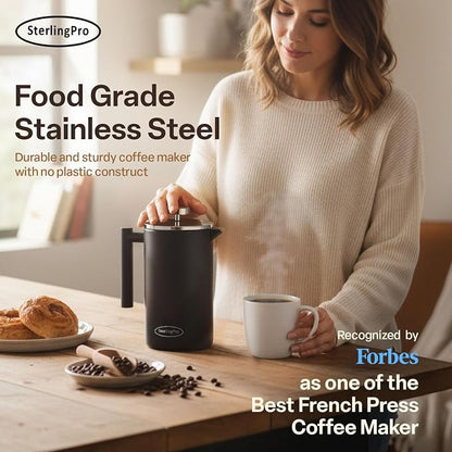 SterlingPro Small Insulated Stainless Steel French Press Coffee Maker 34oz – Insulatede Metal Double Wall Coffee Maker | Plastic Free | Cool-Touch | Black Finish | Makes up to 8 cups / 4 mugs