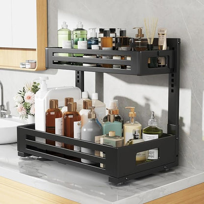 2 Pack 17IN-Depth Under Sink Organizer,Pull Out Cabinet Organizer With Smooth Cylindrical Rail,Metal Slide Out Drawer for Kitchen Bathroom Laundry,8-Level Tool Free Height Adjustable-Gun Gray