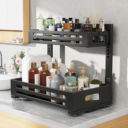 2 Pack 17IN-Depth Under Sink Organizer,Pull Out Cabinet Organizer With Smooth Cylindrical Rail,Metal Slide Out Drawer for Kitchen Bathroom Laundry,8-Level Tool Free Height Adjustable-Black