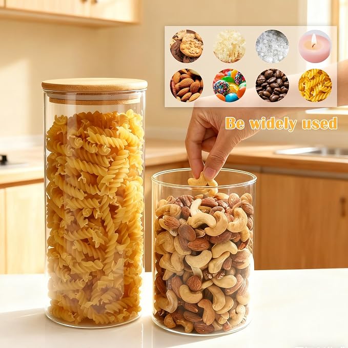 Airtight Glass Jars with Bamboo Lids, Glass Food Storage Containers Set - Set of 5 Kitchen Canisters for Sugar, Candy, Cookie, Rice and Spice Jars