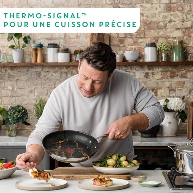 T-Fal x Jamie Oliver Nonstick Coated Stainless Steel Pans 8", 9.5" & 11", Frypan Set Induction Compatible, Oven Safe up to 500°F, Chef's Stainless Steel Skillet, Frying Pan, Silver
