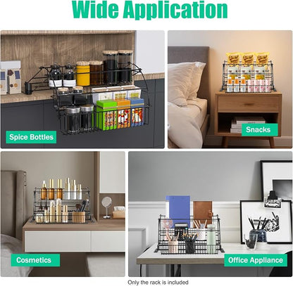 Pull Down Spice Rack for Upper Cabinets, 3-Tier Black Wire Organizer with Screw Mount for Deep Inside Storage
