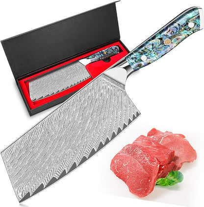 KEENZO Meat Cleaver Knife 7 inch, Razor Sharp Professional Chef Knife, Hand Forged Kitchen Knives, Japanese 67-Layers Damascus Steel Cooking Knife, Ergonomic Abalone Shell Resin Handle,Gift Box