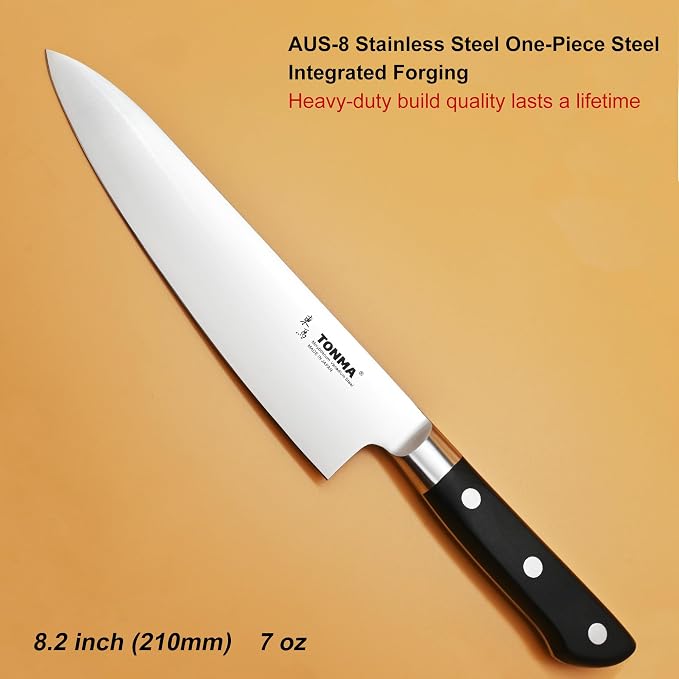 TONMA Japanese Chef Knife MADE IN JAPAN 8.2 inch Full Tang Traditional Handcrafted Stainless Steel Kitchen Knife, Professional Classic Gyuto for Gift Giving, Razor-Sharp & Highly Durable