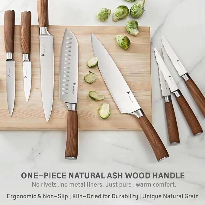 Kangdelun Ultra Sharp 15-Piece Knife Set, 50Cr15MoV High-Carbon Stainless Steel, Torrefied Brown Ash Wood Handles, Angled Golden Brown Wood Block, Easy Hand Wash, Gift Box