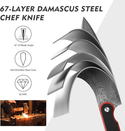 FINTISO Chef Knife 8 Inch, Professional 67-Layer Damascus Stainless Steel Kitchen Knife with 10Cr15CoMoV Steel Core, Ultra Sharp Cooking Knife with Ergonomic Full Tang G10 Handle
