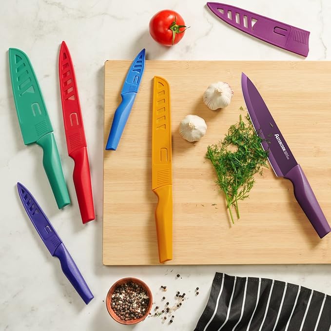 Astercook Knife Set, 12 Pcs Color-Coded Kitchen Knives Set, 6 Color Anti-Rust Coating Stainless Steel Chef Knife Sets with 6 Blade Guards Dishwasher Safe Fathers Day Gift for Men
