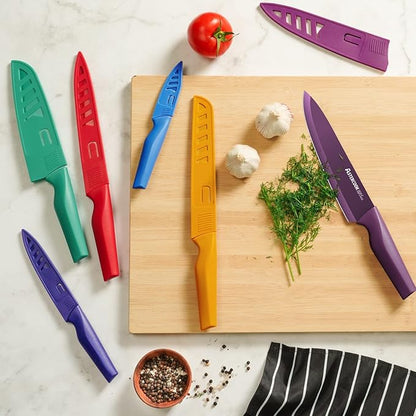 Astercook Knife Set, 12 Pcs Color-Coded Kitchen Knives Set, 6 Color Anti-Rust Coating Stainless Steel Chef Knife Sets with 6 Blade Guards Dishwasher Safe Fathers Day Gift for Men