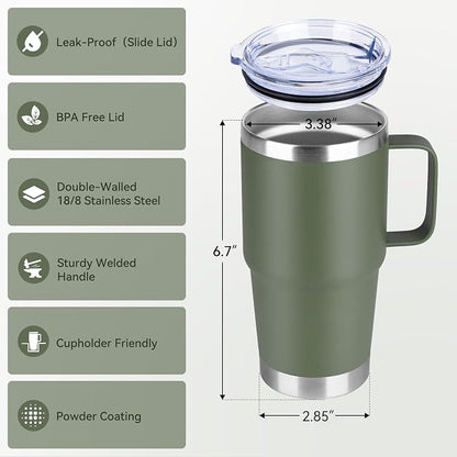 20oz Tumbler Bulk with Lid, Stainless Steel Tumbler Bulk with Handle, Metal Insulated Travel Coffee Mug Set with Handle, Double Wall Vacuum Leak Proof Tumbler Cup, Amy Green 12 Pack